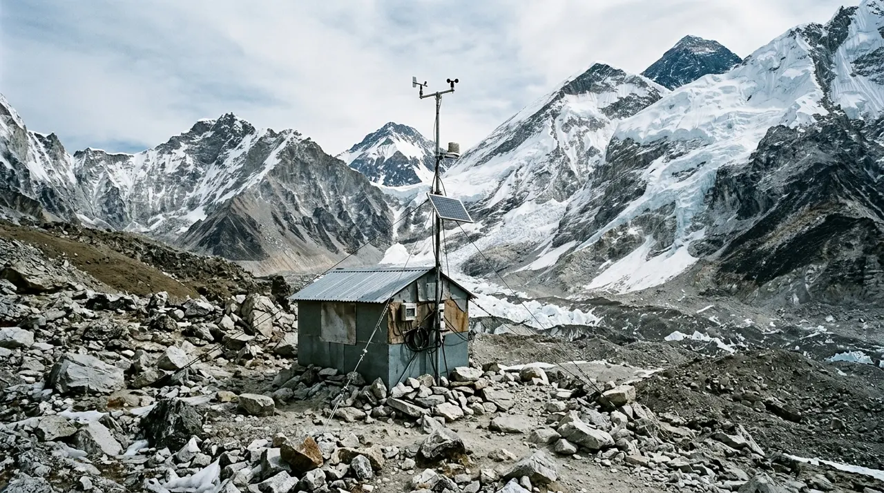 Stazione di monitoraggio scientifico ad alta quota su una morena glaciale dell'Himalaya