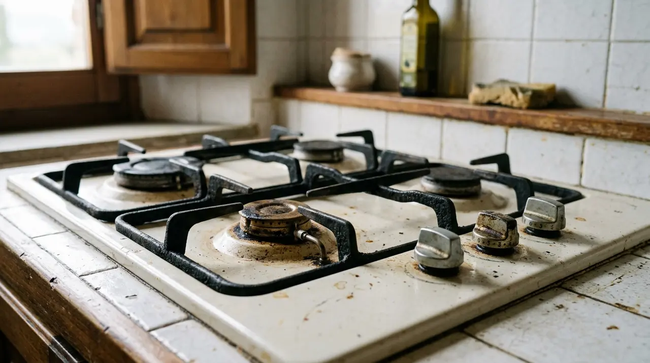 Piano cottura a gas domestico consumato dall'uso, al centro degli accertamenti sull'esplosione di via Guado Santa Maria