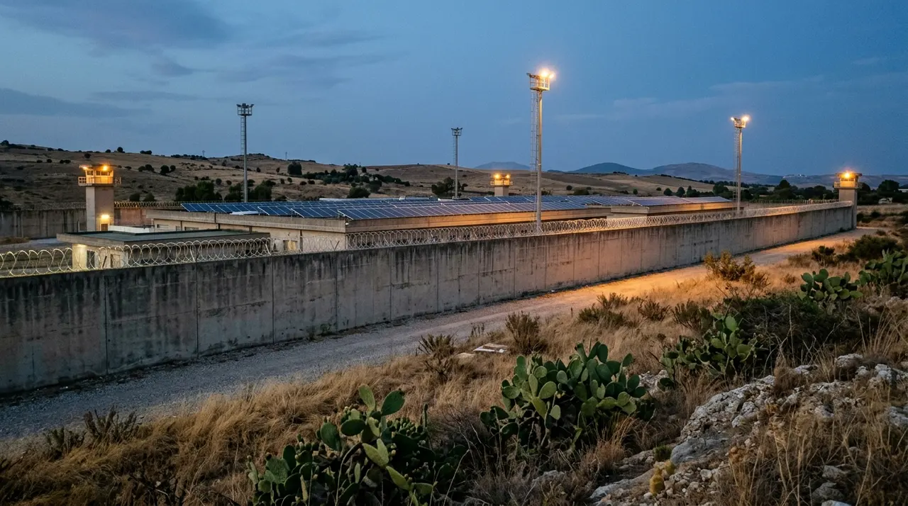 Il carcere di Siracusa in contrada Cavadonna visto dall'esterno al tramonto, con il muro di cinta e le torrette di illuminazione