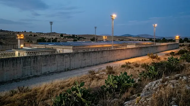 Il carcere di Siracusa in contrada Cavadonna visto dall'esterno al tramonto, con il muro di cinta e le torrette di illuminazione