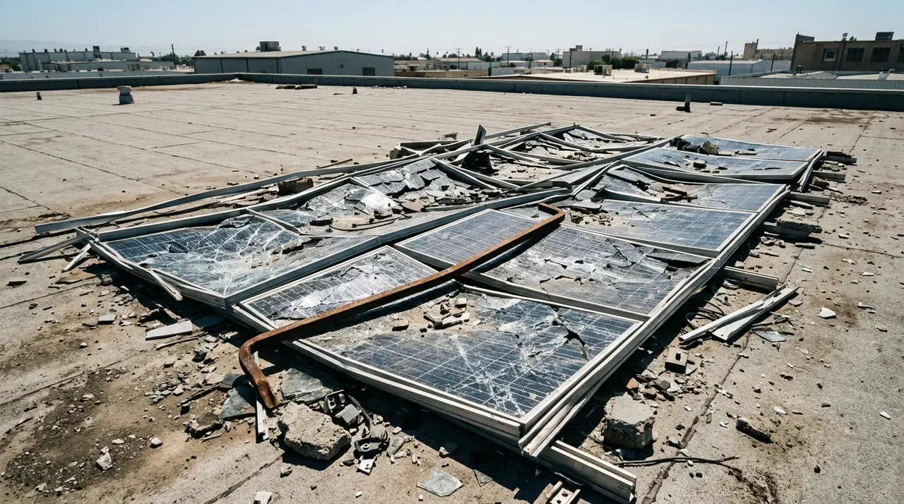 Pannelli fotovoltaici distrutti sul tetto di un istituto penitenziario, fra calcinacci e una sbarra di ferro