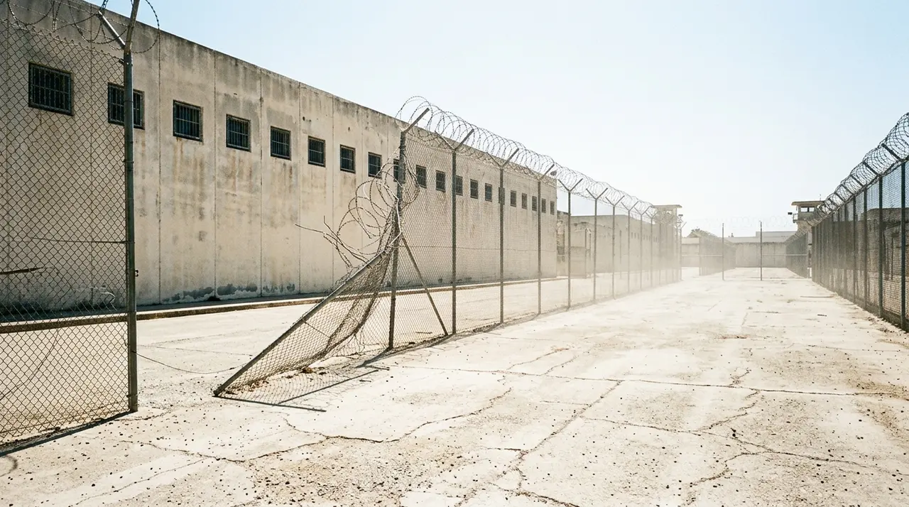Cortile di passeggio deserto di un carcere sotto il sole, con una recinzione metallica forzata e piegata verso l'esterno