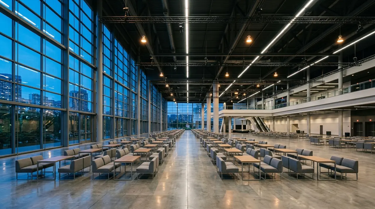 Sala espositiva di un centro congressi al crepuscolo con tavoli e sedute allestiti per incontri, riferimento al mercato del cinema italiano a Toronto