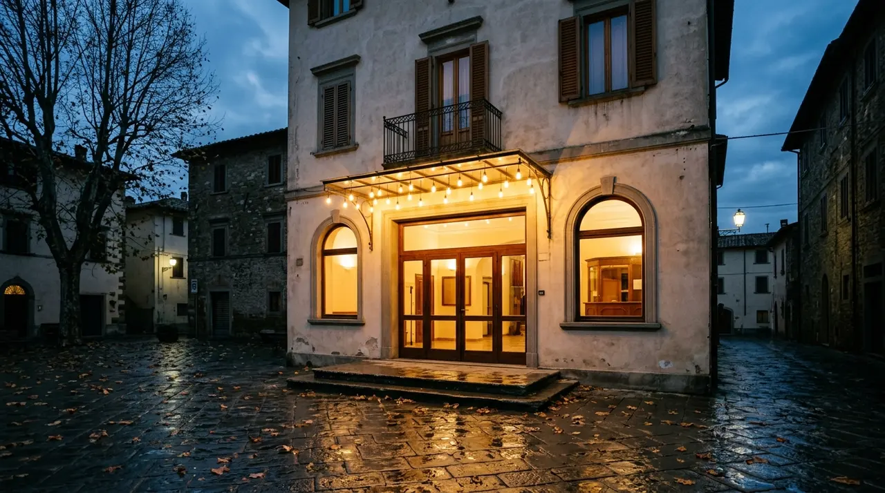 Ingresso illuminato di un piccolo cinema di provincia italiano in una sera d autunno, con foglie sul selciato bagnato