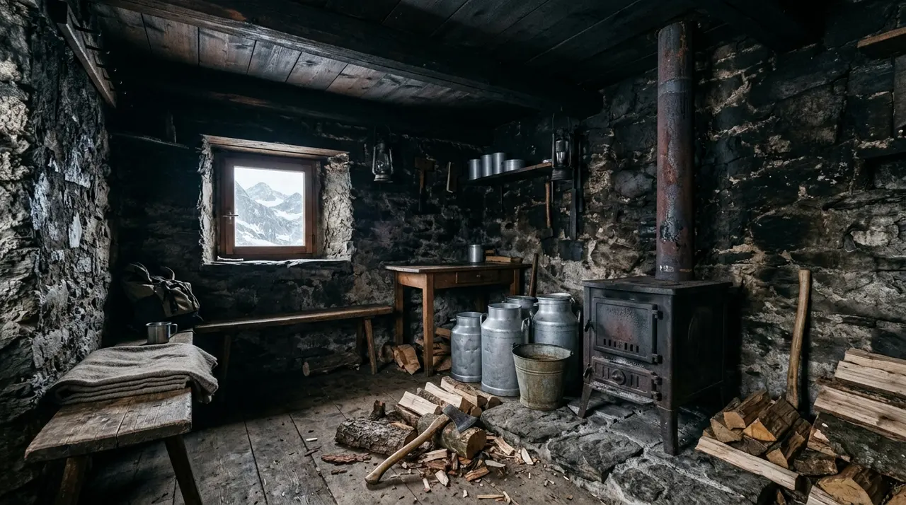 Interno di una baita d'alpeggio in pietra con stufa a legna e canna fumaria, contesto del monossido all'Alpe Devero