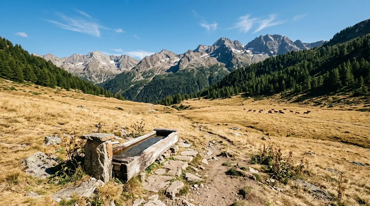 Alpeggio d'alta quota con erba secca e mandria al pascolo in Ossola, stagione del monossido all'Alpe Devero