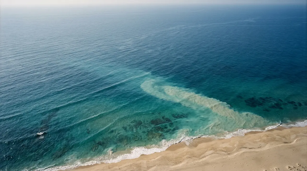 Vista aerea di una corrente che si allontana dalla riva lungo un litorale sabbioso del Tirreno