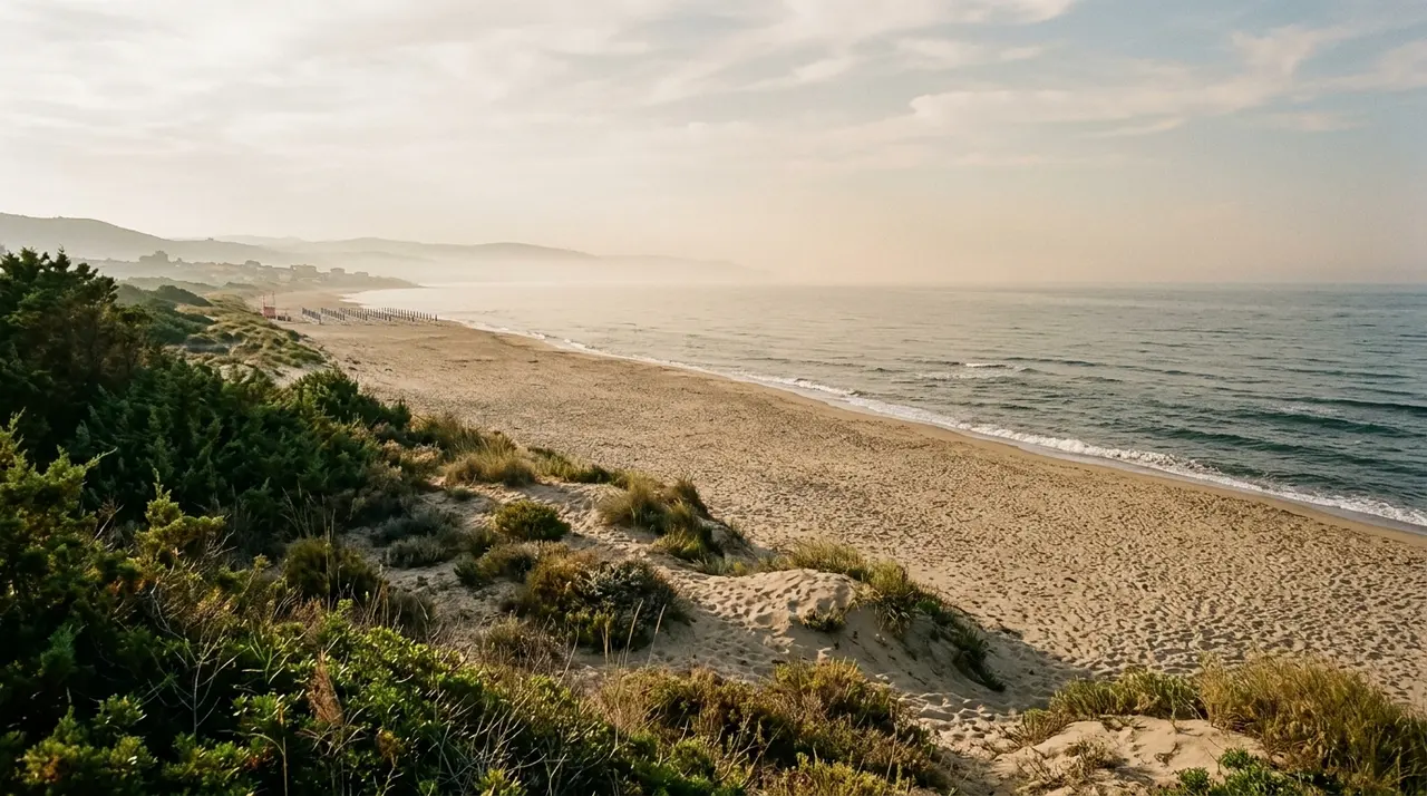 Tratto di spiaggia libera con dune e macchia mediterranea e, in lontananza, gli ombrelloni di uno stabilimento balneare sorvegliato