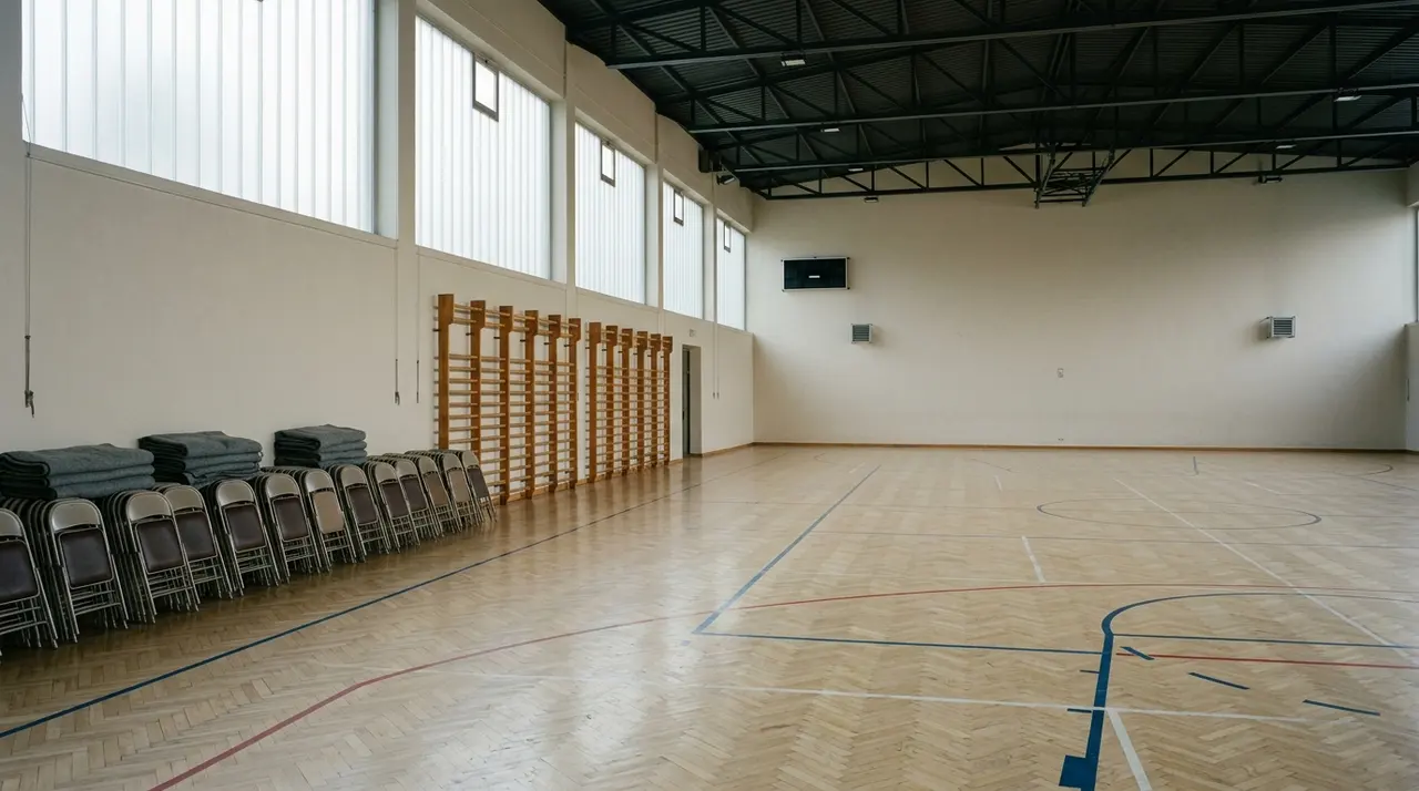 Palestra scolastica vuota con sedie pieghevoli e coperte, luogo di accoglienza dei testimoni