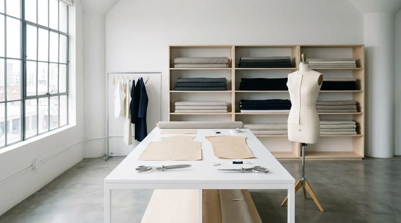 Atelier sartoriale con manichino in tela e tessuti greige, la continuità creativa dopo la successione di Armani