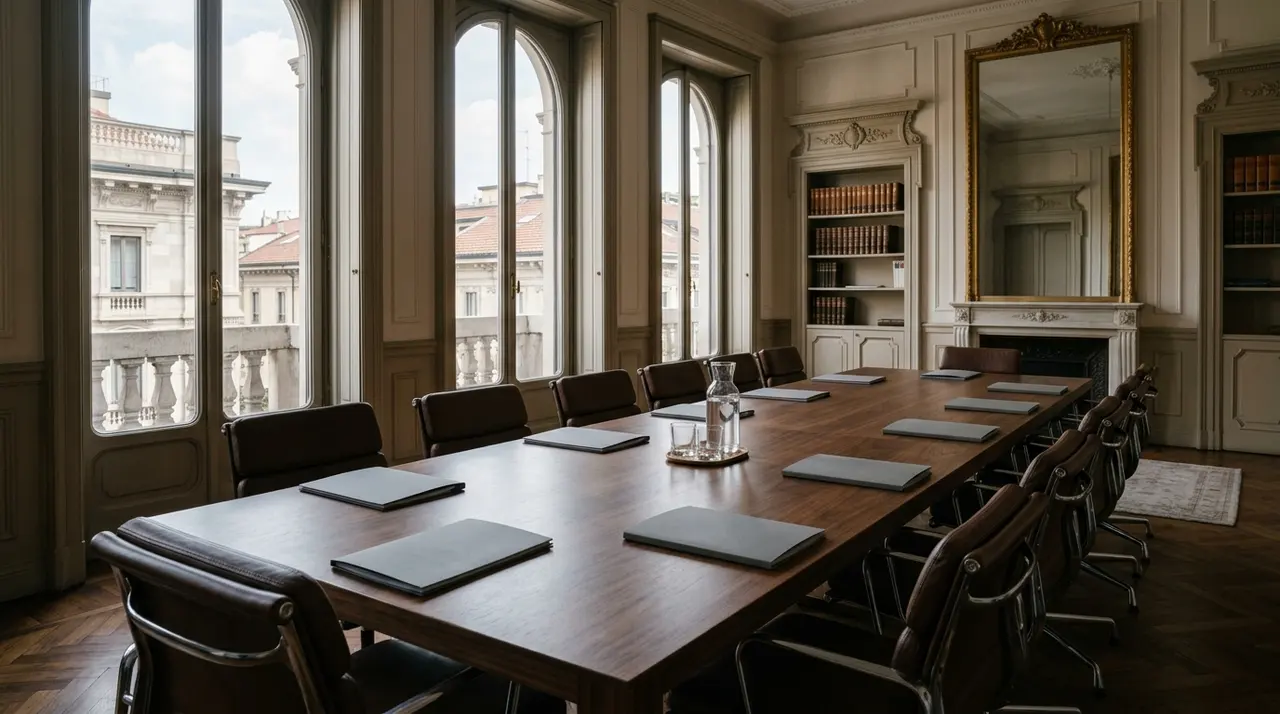 Sala del consiglio con tavolo lungo e sedie vuote, dove si decide la successione di Armani