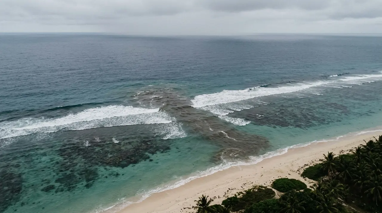 Veduta aerea di un reef break tropicale: la linea delle onde frange lontano dalla riva, sopra il corallo, con la spiaggia deserta sullo sfondo
