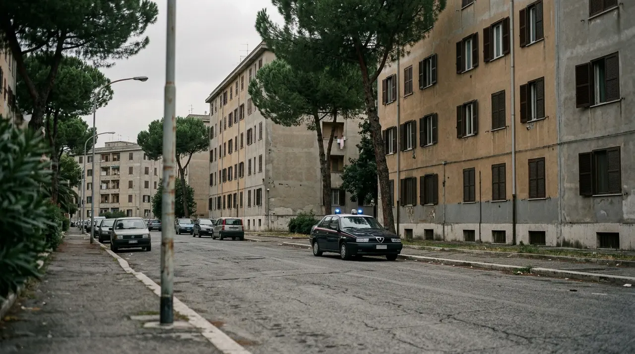 Omicidio-suicidio a Pietralata: strada residenziale della periferia est di Roma con un'auto dei carabinieri