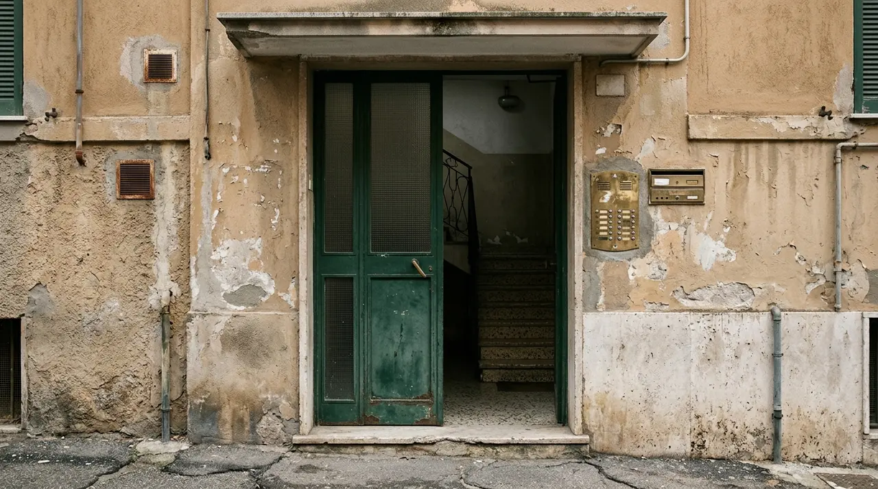 Portone di un condominio popolare romano con citofono, ingresso su cui e intervenuta la squadra dei vigili del fuoco