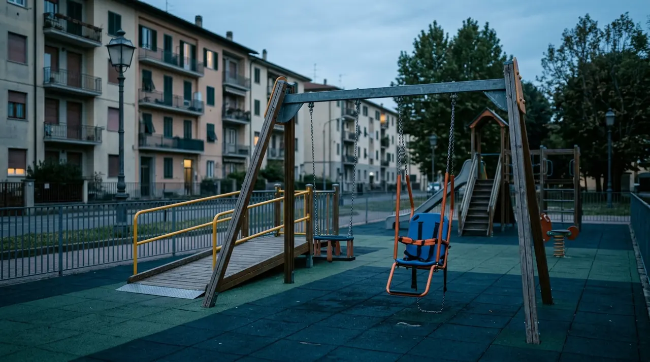 Parco giochi inclusivo deserto al crepuscolo con altalena accessibile e rampa per sedie a rotelle