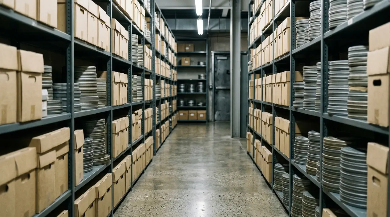 Corridoio di un archivio cinematografico con scatole e pellicole in scaffali metallici