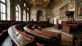 Parkinson di Franceschini: l'aula deserta di un'assemblea parlamentare italiana, banchi in legno e microfoni