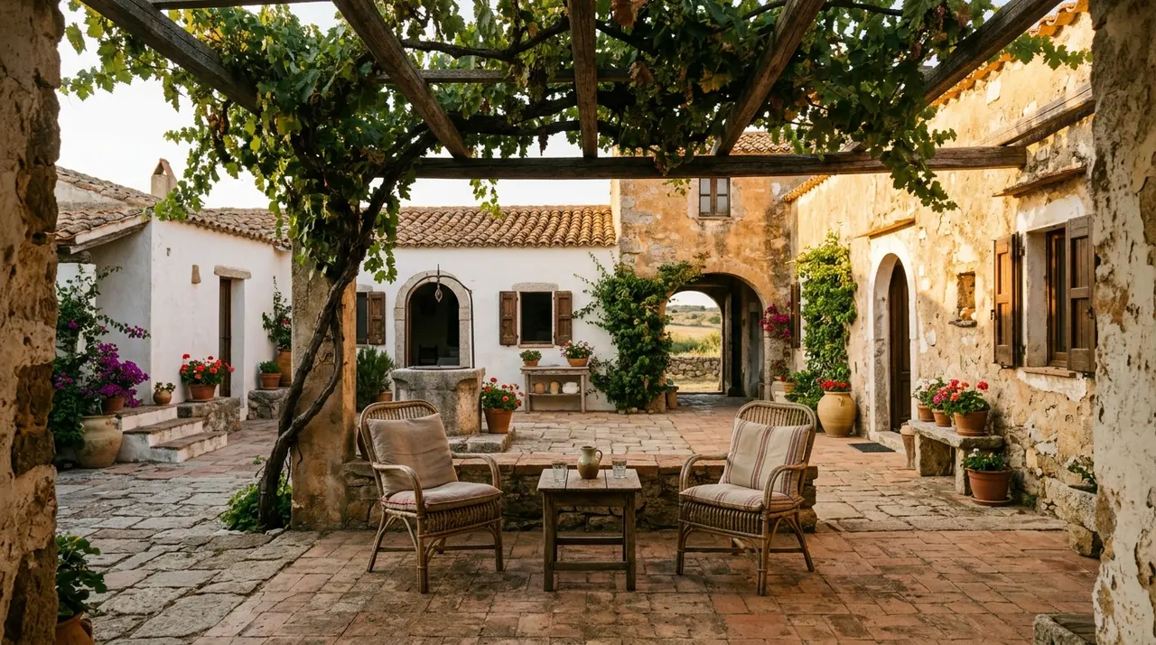 Cortile di una casa campidanese nel Sud Sardegna al tramonto, con pergolato di vite e sedie in vimini