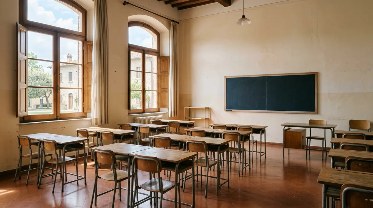 Aula scolastica italiana vuota con banchi in fila e lavagna pulita