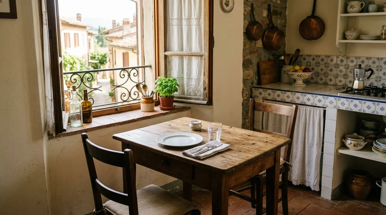 Tavolo da cucina apparecchiato per una sola persona in una casa italiana