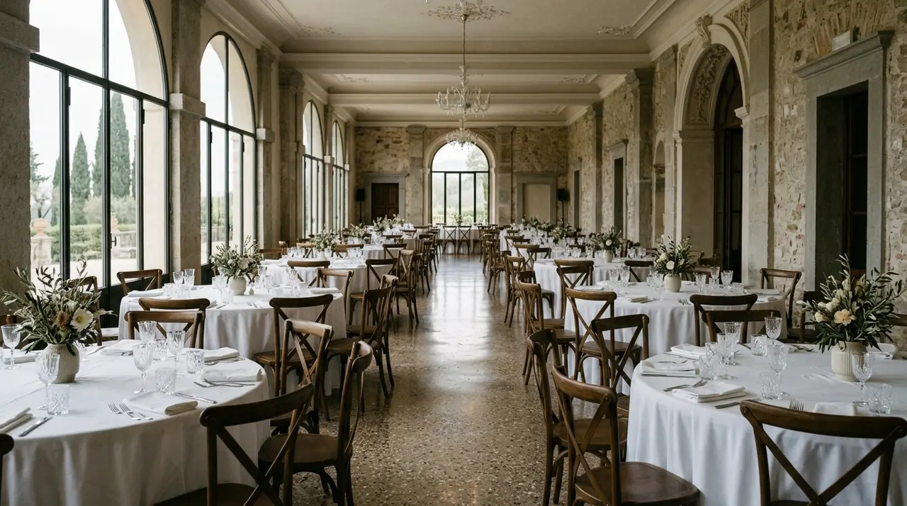 Sala per banchetti apparecchiata e deserta, tavoli rotondi con tovaglie bianche e nessun invitato