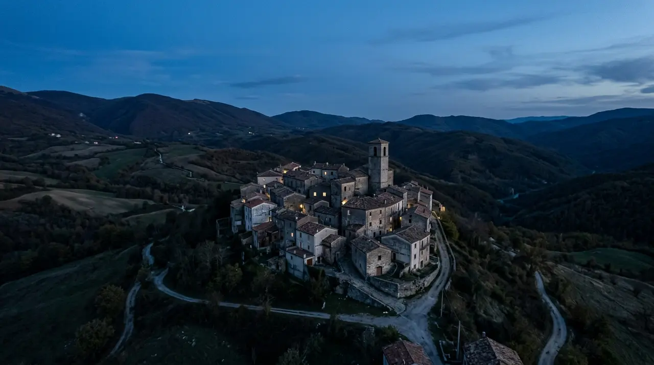 Piccolo borgo collinare del Sannio all'ora blu, poche finestre accese sulle aree interne della Campania
