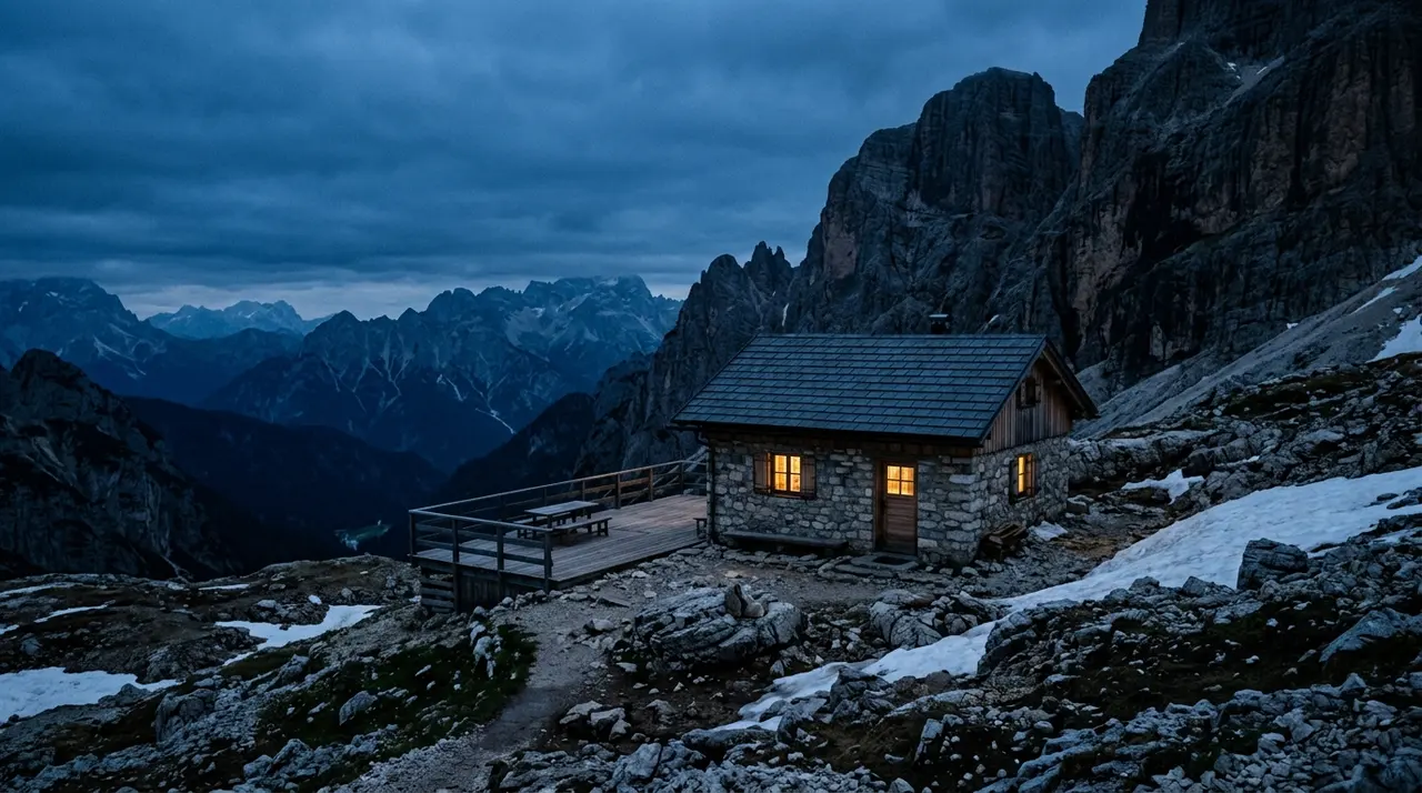 Rifugio alpino in quota al crepuscolo nell'area interessata dalla frana sul Monviso