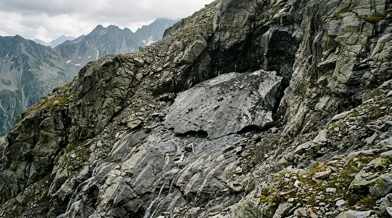 Nevaio residuo coperto di detriti sulla parete rocciosa alpina, contesto della frana sul Monviso