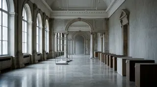 Galleria museale neoclassica vuota con plinti espositivi liberi, immagine simbolo della mostra su Galliano annullata dal Met