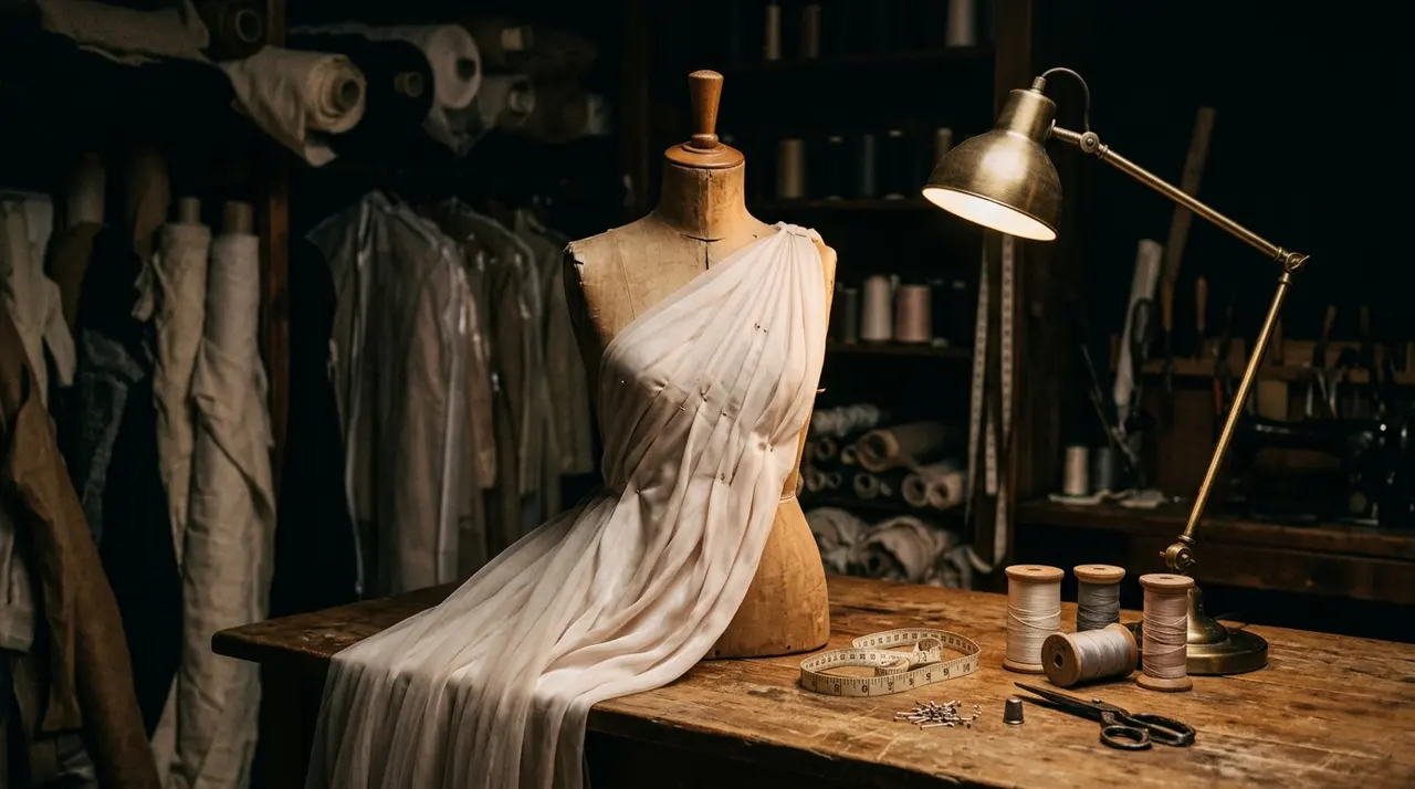 Manichino da sartoria con drappeggio di seta chiara non rifinito in un atelier di alta moda illuminato da una lampada