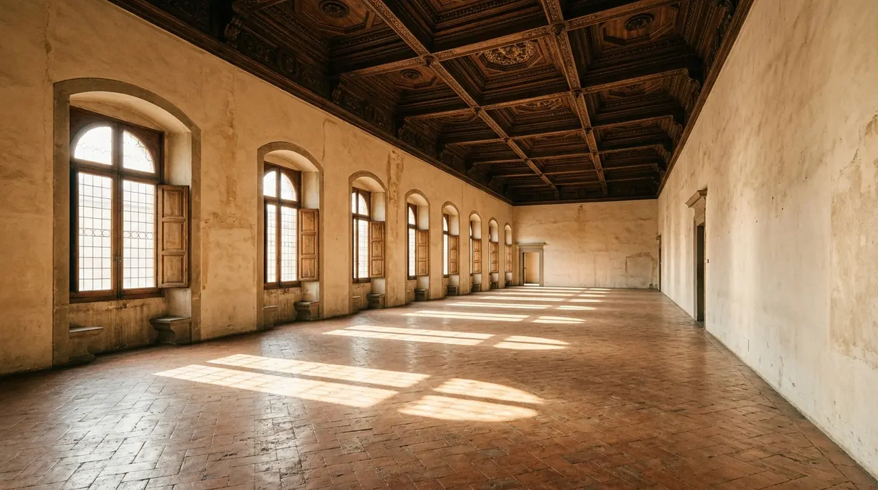 Sala vuota di un palazzo rinascimentale italiano con soffitto a cassettoni, possibile sede dell'archivio di Scorsese