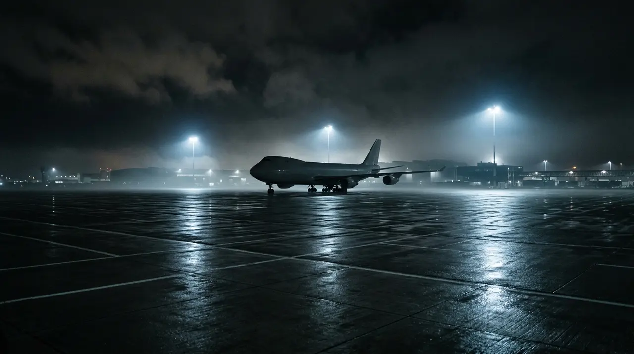 Visto italiano a Minsk: pista cargo dell aeroporto di Lipsia-Halle di notte con un aereo merci fermo sotto le torri faro