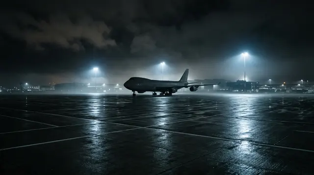 Visto italiano a Minsk: pista cargo dell aeroporto di Lipsia-Halle di notte con un aereo merci fermo sotto le torri faro