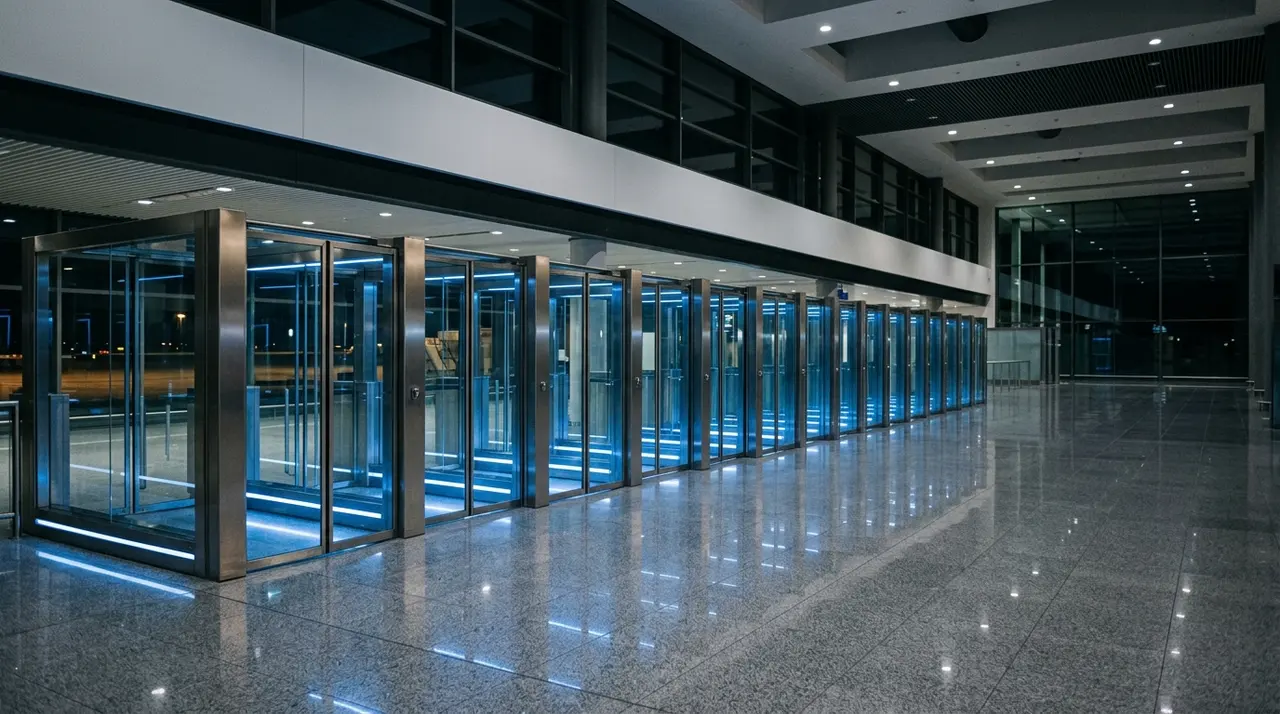 Corridoi e-gate deserti del controllo passaporti in un aeroporto dello spazio Schengen, varchi in vetro illuminati di blu