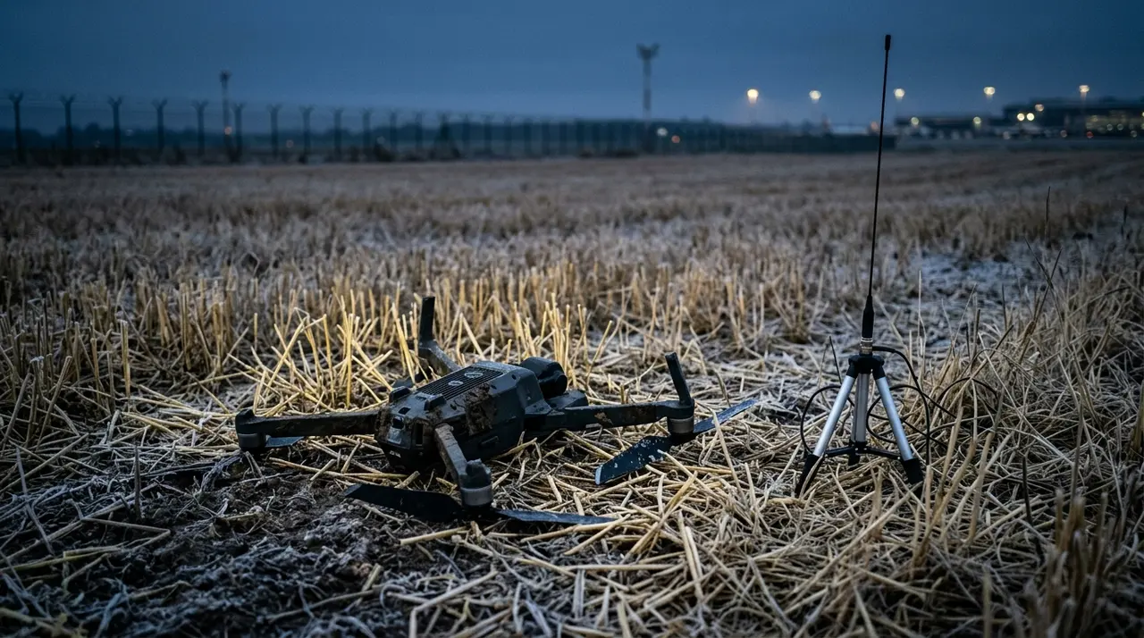 Drone quadricottero rovesciato con un rotore spezzato e antenna su treppiede in un campo di stoppie accanto alla recinzione di un aeroporto