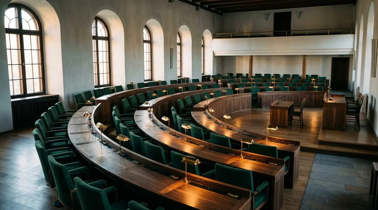 Aula semicircolare vuota di un consiglio regionale, banchi in legno e lampade accese: il voto sul fine vita in Veneto