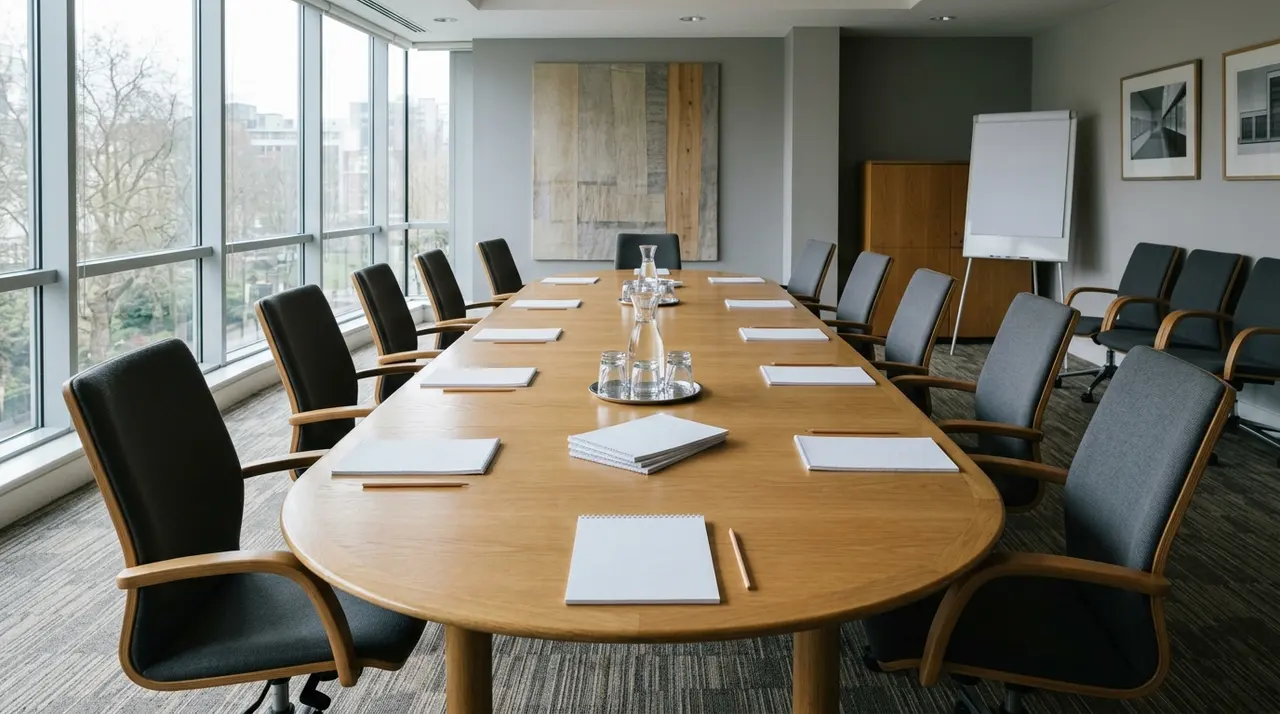 Sala riunioni istituzionale vuota con tavolo ovale e sedie: la commissione prevista dalla legge sul fine vita in Veneto