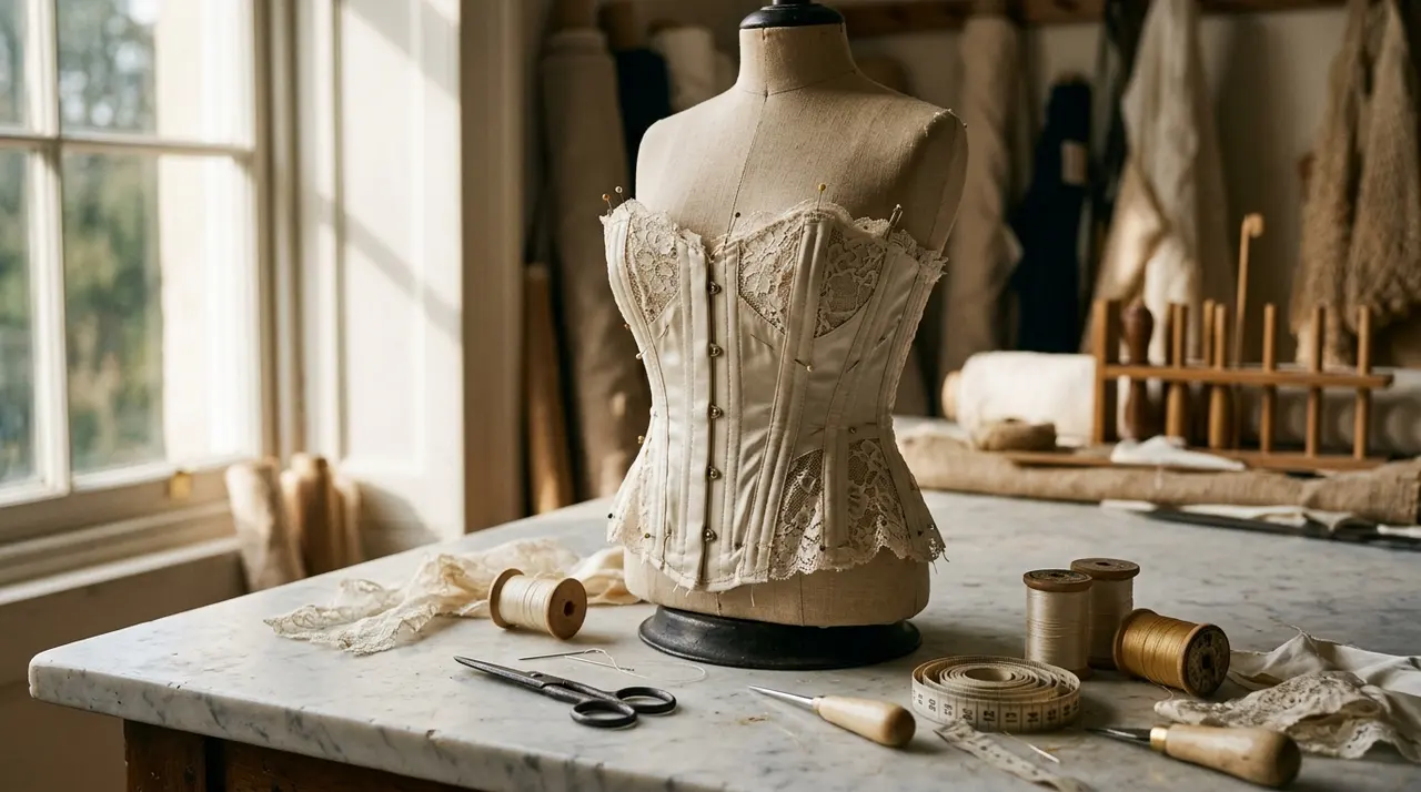 Corsetto artigianale in lavorazione su manichino da sartoria, simbolo del ritorno di La Perla