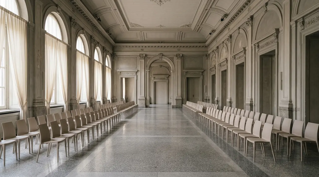 Sala di un palazzo milanese allestita con sedie vuote per una presentazione moda