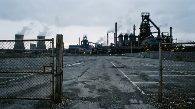 Lettere di licenziamento nell'indotto ex Ilva: lo stabilimento siderurgico di Taranto visto da un cancello chiuso all'alba
