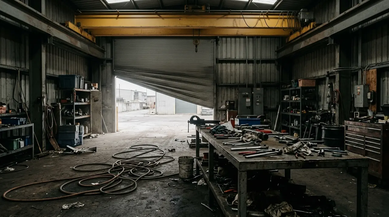 Officina di manutenzione ferma con carroponte spento e attrezzi abbandonati sul banco, effetto delle lettere di licenziamento sull'indotto siderurgico
