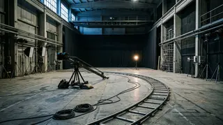 Produzione cinematografica italiana: teatro di posa vuoto all'alba con dolly, binari e riflettori spenti