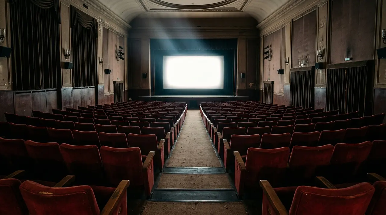 Sala cinematografica deserta con schermo acceso, poltrone rosse vuote e corridoio centrale