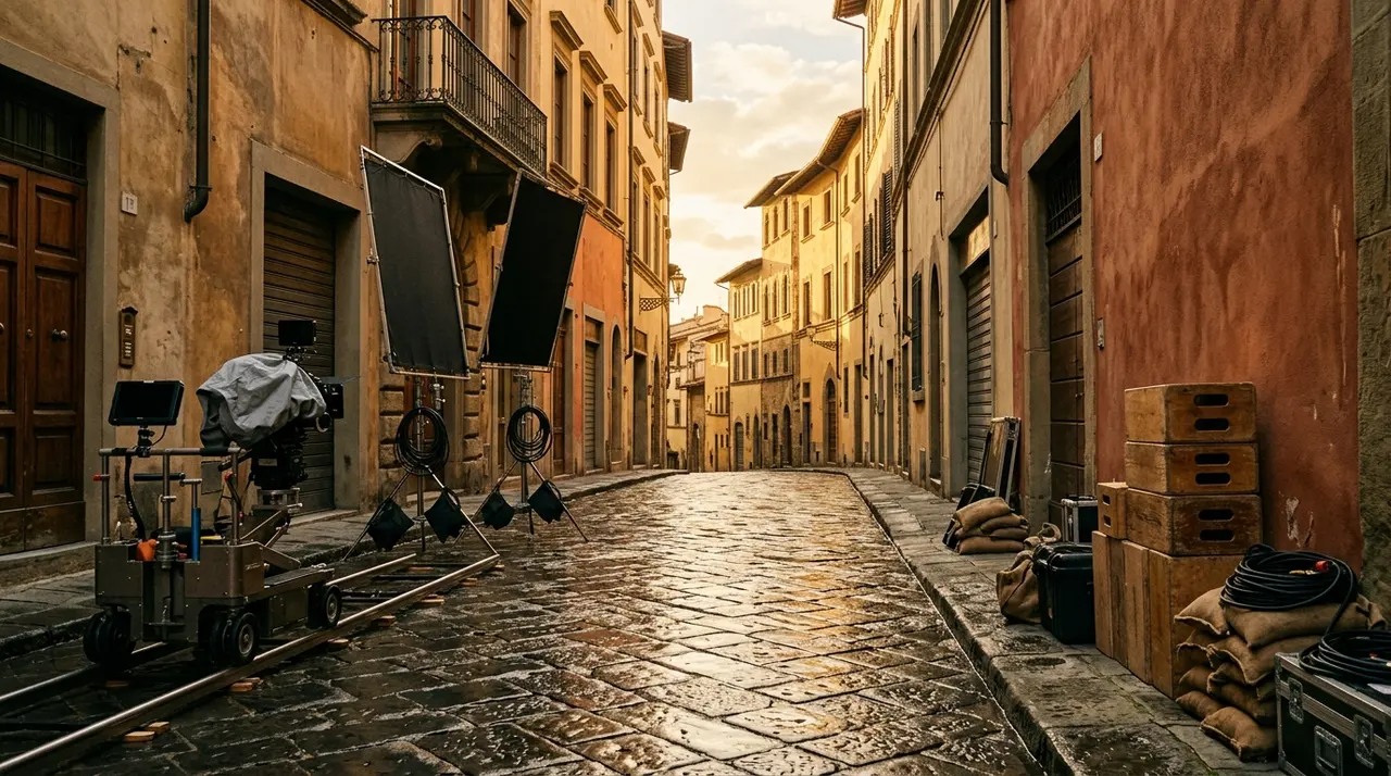 Set cinematografico allestito in una via lastricata italiana al tramonto, dolly coperto, diffusori e casse senza troupe