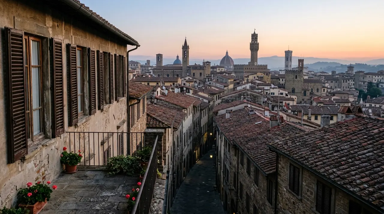 Affitti brevi nei centri storici italiani: tetti, campanili e vicoli deserti di una citta d'arte all'alba