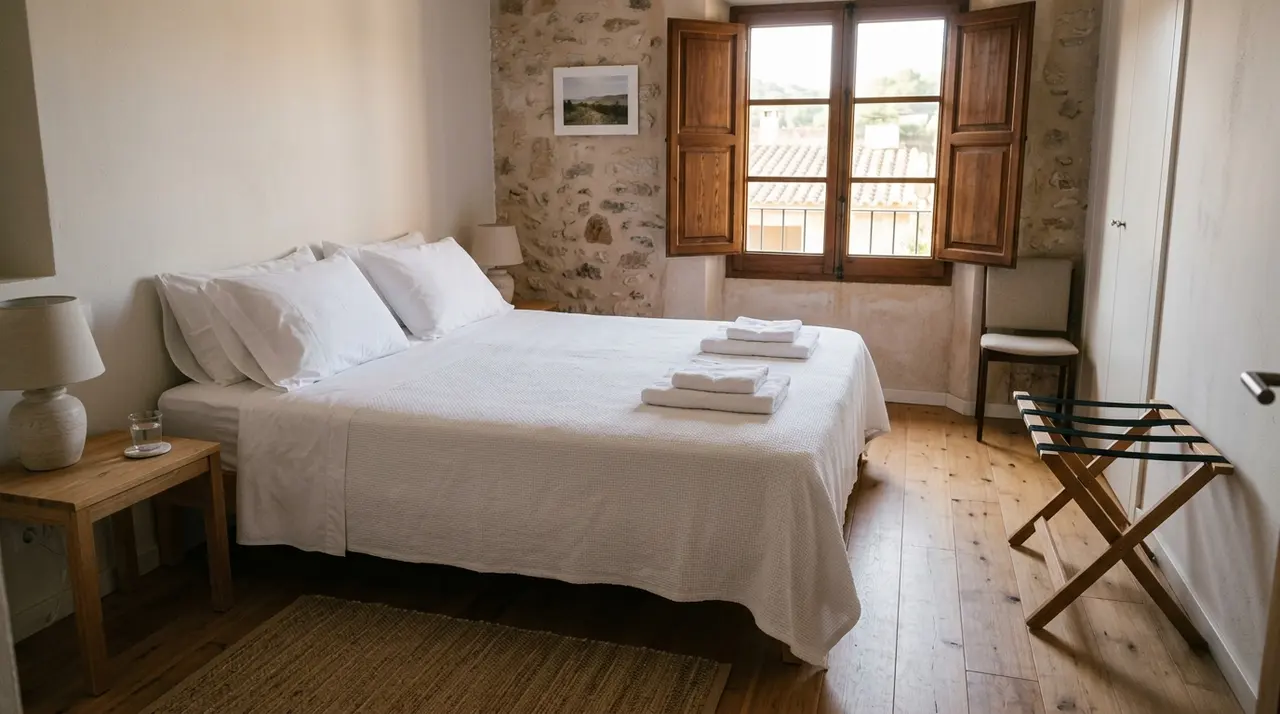 Camera di un appartamento turistico vuoto, letto rifatto con lenzuola bianche, asciugamani piegati e portabagagli libero