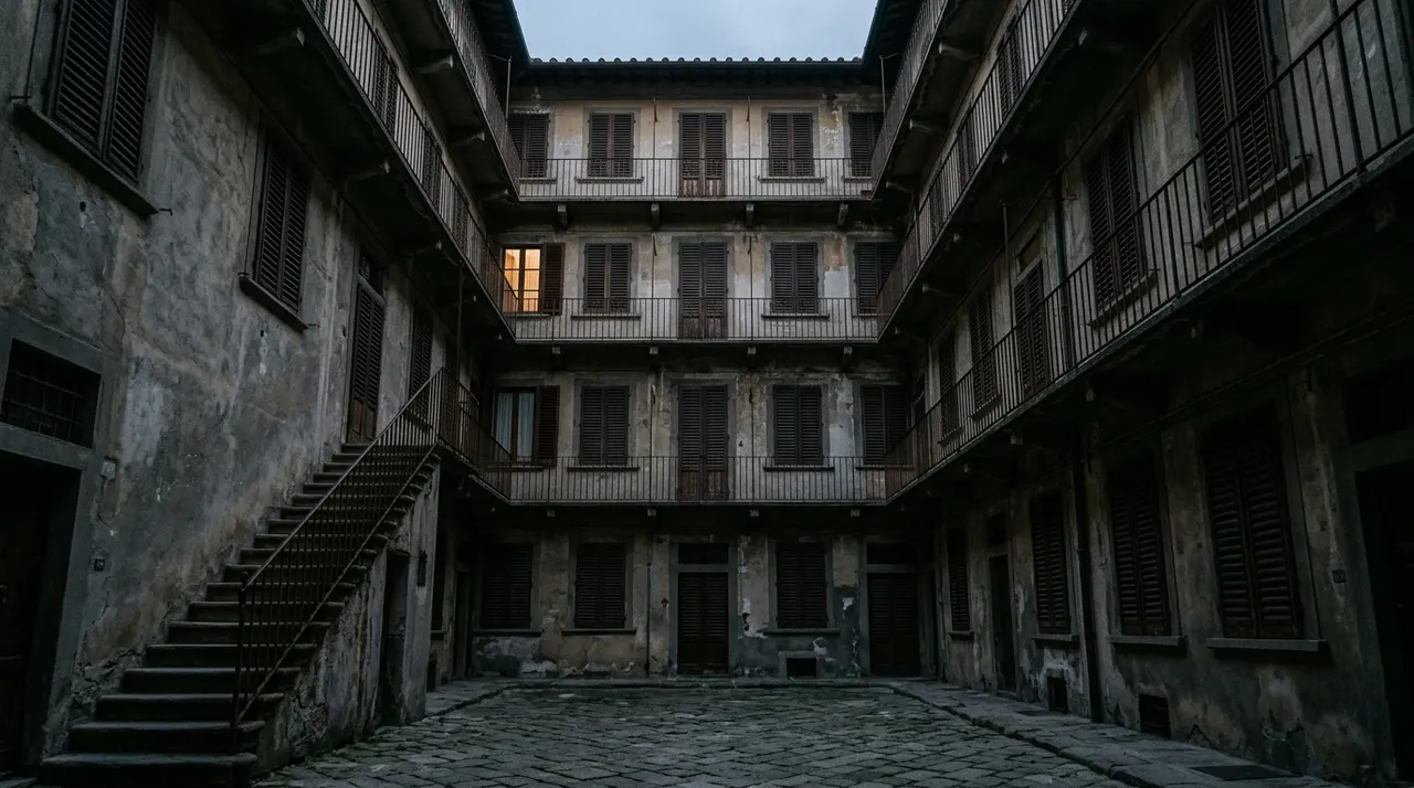 Cortile interno di un palazzo residenziale italiano al crepuscolo, quattro piani di persiane chiuse e balconi vuoti
