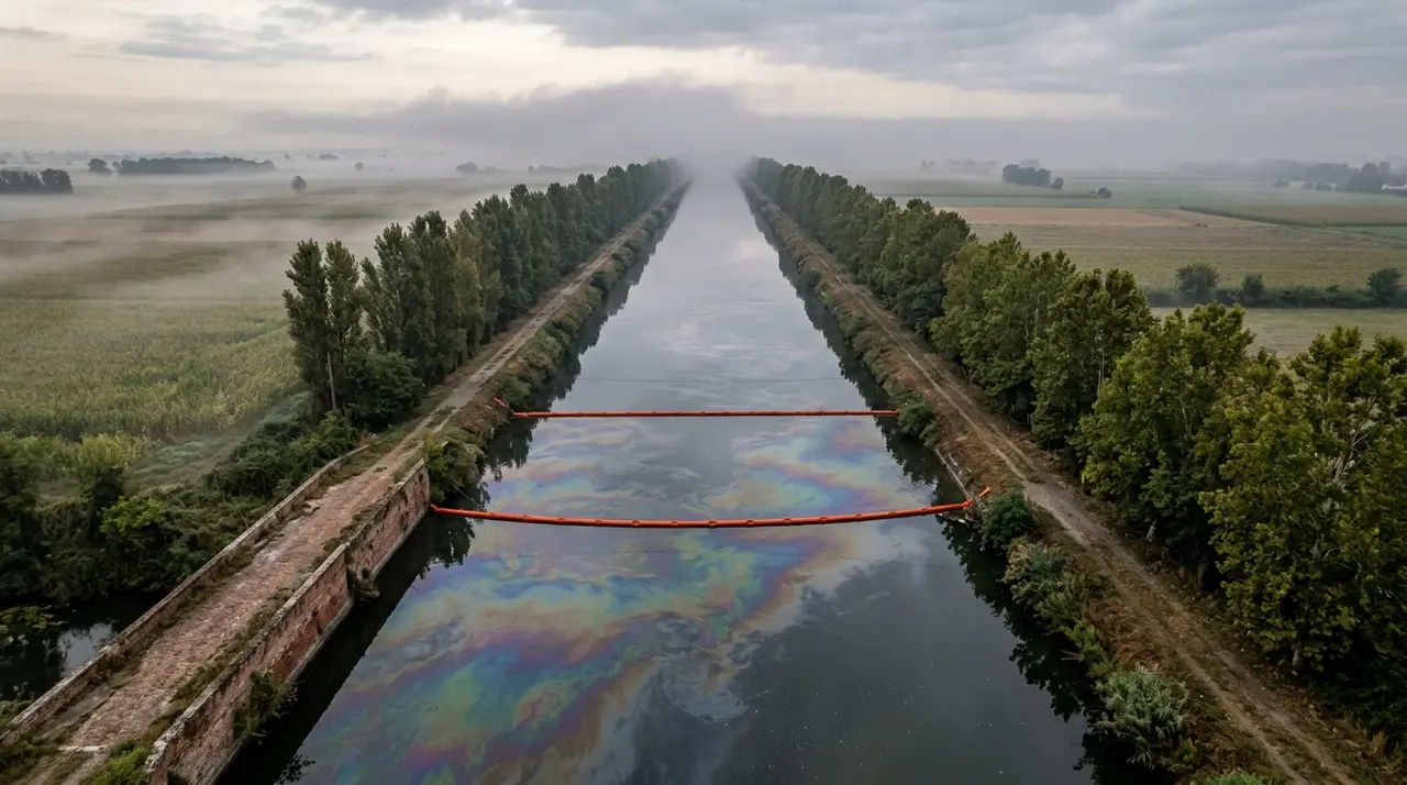 Gasolio nel Naviglio: chiazza iridescente di idrocarburi e barriere assorbenti arancioni sul canale nella campagna lombarda all'alba