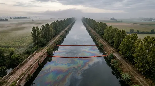 Gasolio nel Naviglio: chiazza iridescente di idrocarburi e barriere assorbenti arancioni sul canale nella campagna lombarda all'alba
