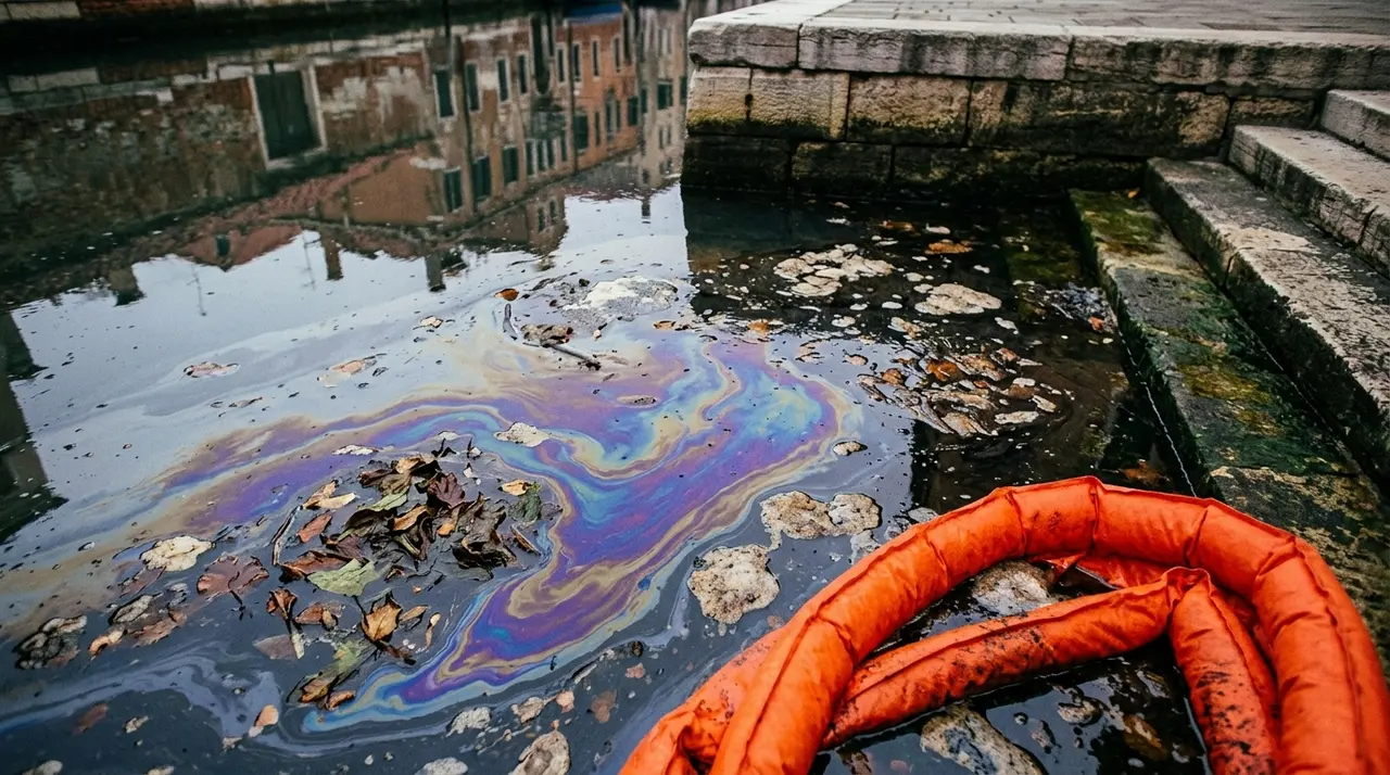 Pellicola iridescente di idrocarburi e rotolo di panna assorbente arancione contro la banchina di pietra di un canale urbano